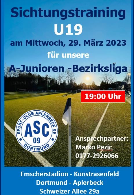 U19 Sichtungstraining am 29. März – A-Junioren Bezirksliga